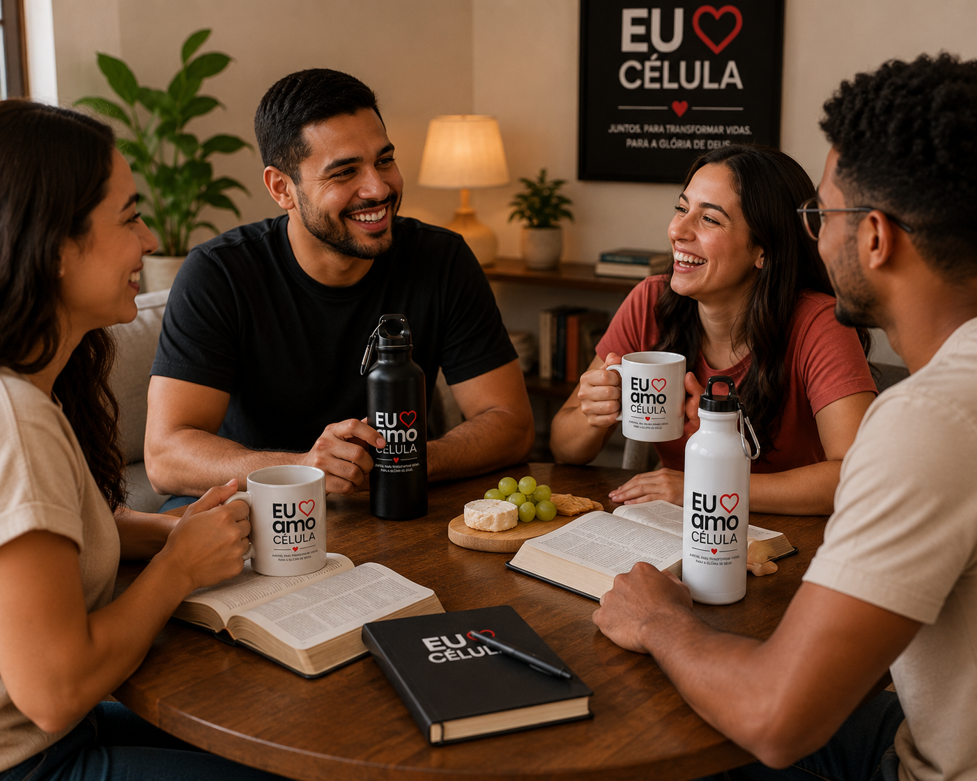 Célula reunida em casa, com Bíblias abertas, caneca e squeeze EU AMO CÉLULA sobre a mesa